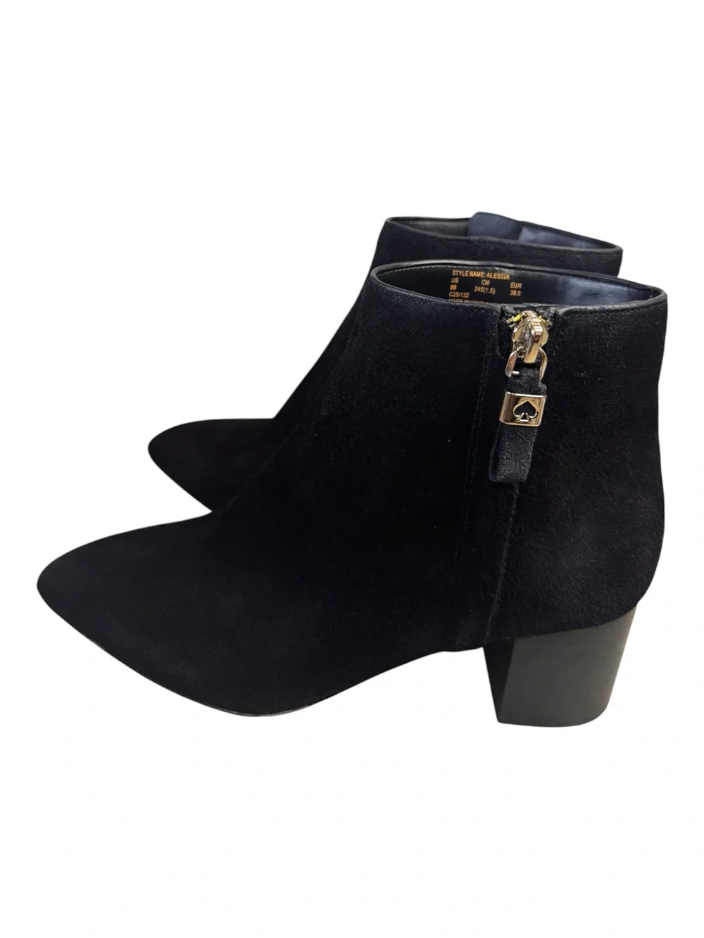 NWOT Kate Spade Alessia Black Suede Ankle Booties Pointed Toe Block Heel SZ:8B